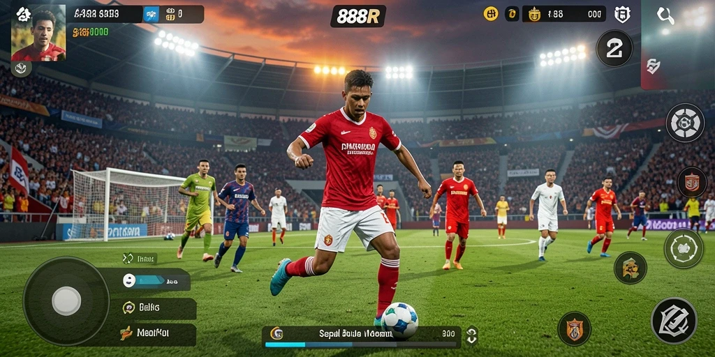 Screenshot gameplay 888R menampilkan aksi seru pertandingan sepak bola.