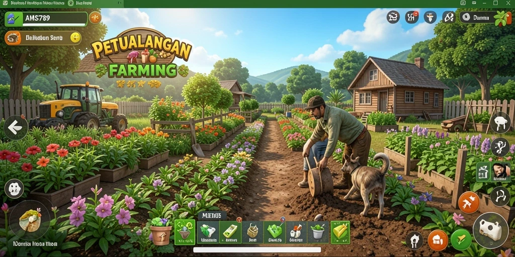 Tampilan gameplay seru AMS789 dengan aktivitas berkebun.