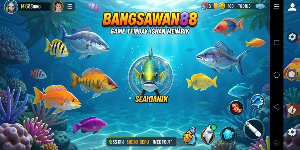 Screenshot gameplay BANGSAWAN88 menampilkan aksi menembak ikan yang mendebarkan.