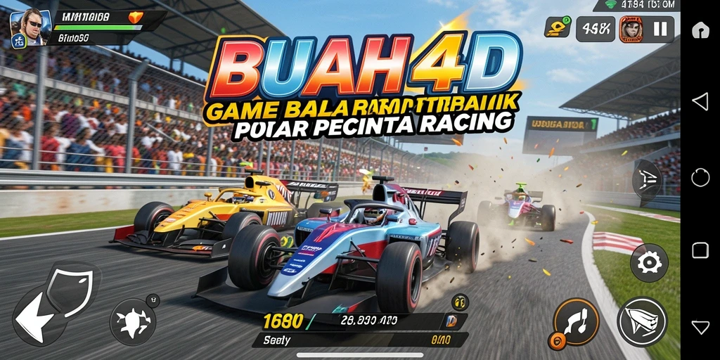 Screenshot BUAH4D menampilkan aksi balapan yang intens dan mobil yang berkualitas tinggi.