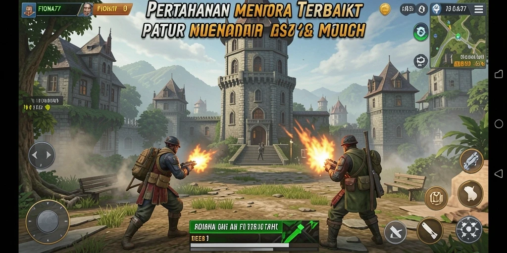Screenshot gameplay FIONA77 menunjukkan pertahanan menara yang menakjubkan.