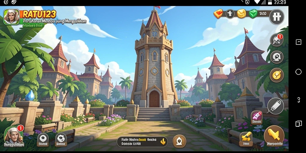 Screenshot gameplay RATU123 menampilkan pertahanan menara yang strategis.