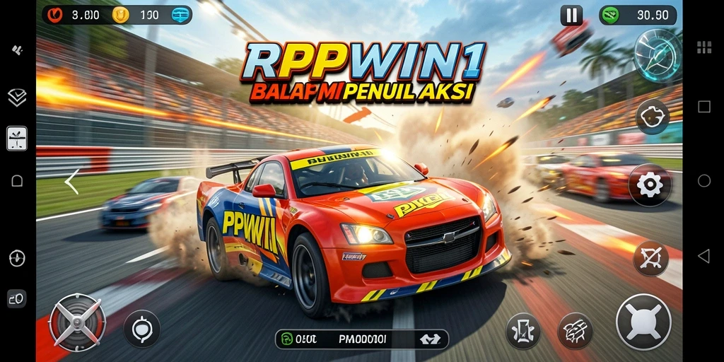 Screenshot gameplay RPWIN1 menunjukkan aksi balapan mendebarkan.