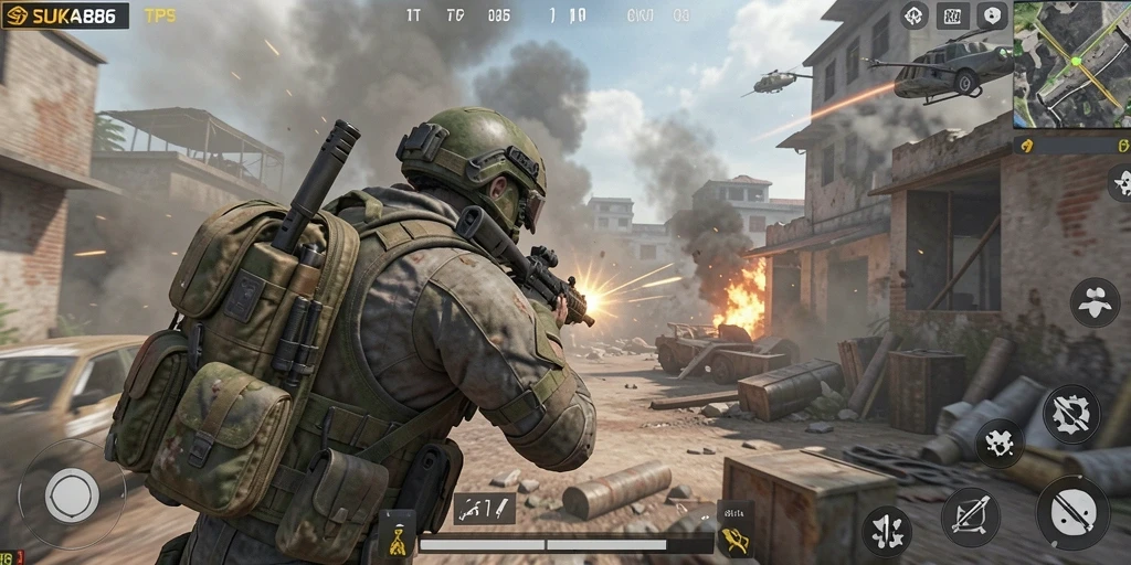 Screenshot gameplay SUKA86 menampilkan aksi pertempuran mendebarkan di sudut pandang ketiga.